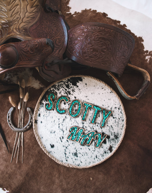 Cowhide Rope Border Turquoise Stone Nursery Sign